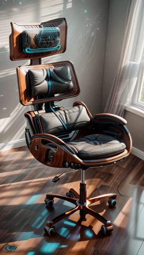 A futuristic ergonomic chair designed for maximum comfort and support in a modern, minimalist office space. The chair is surrounded by sleek and high-tech gadgets, basking in soft, ambient lighting that highlights its curves. The artwork will feature a minimalist style with a touch of high-tech aesthetics, presented through digital rendering in high definition (4K) using 3D modeling with cycles rendering. <lora:add_detail:0.4> <lora:more_details:0.4> <lora:AntimatterTech:0.8> <lora:Neonpunkai-8:0.6>