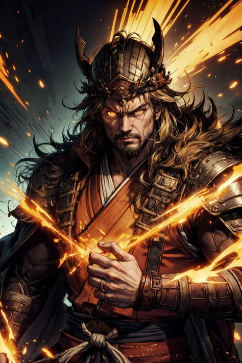 (best quality, masterpiece:1.2), 8k detailed cgi render, thick outlines, strong shadows, <lora:add_detail:0.75>,
(1man, muscular adult hungarian male:1.2), amber eyes, dark blonde hair, long hair,
solo, upper body, looking down, detailed background, detailed face, (<lora:Neonpunkai-8:0.4>, Neonpunkai, neon theme:1.1), samurai, light brown samurai clothing, samurai helmet, dynamic pose, angry, samurai crest, bushido, banner in background, cinematic atmosphere,