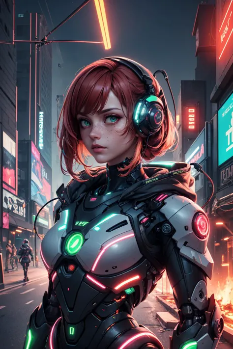 portrait, (masterpiece:1.1), (highest quality:1.1), (HDR:1.0), <lora:add_detail_v5:1> <lora:3DMM_V12:0.25>, 3DMM,
1 girl, adult woman, freckles, green eyes, ginger blowout hair,
portrait, solo, (full body:0.6), looking at viewer, detailed background, detailed face, (<lora:Neonpunkai-8:0.4>, Neonpunkai, neon theme:1.1), android, cyborg, mechanical limbs, mechanical eyes, cables, high-tech, sleek design, steel, digital implants, robotics, techwear, powered by fire, bright dark red lights, bioluminescent parts, energy pulse, reflections, neon colors, futuristic cityscape in background, cinematic atmosphere,