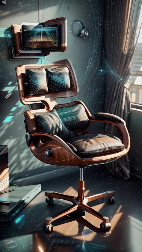 A futuristic ergonomic chair designed for maximum comfort and support in a modern, minimalist office space. The chair is surrounded by sleek and high-tech gadgets, basking in soft, ambient lighting that highlights its curves. The artwork will feature a minimalist style with a touch of high-tech aesthetics, presented through digital rendering in high definition (4K) using 3D modeling with cycles rendering. <lora:add_detail:0.4> <lora:more_details:0.4> <lora:AntimatterTech:0.8> <lora:Neonpunkai-8:0.6>