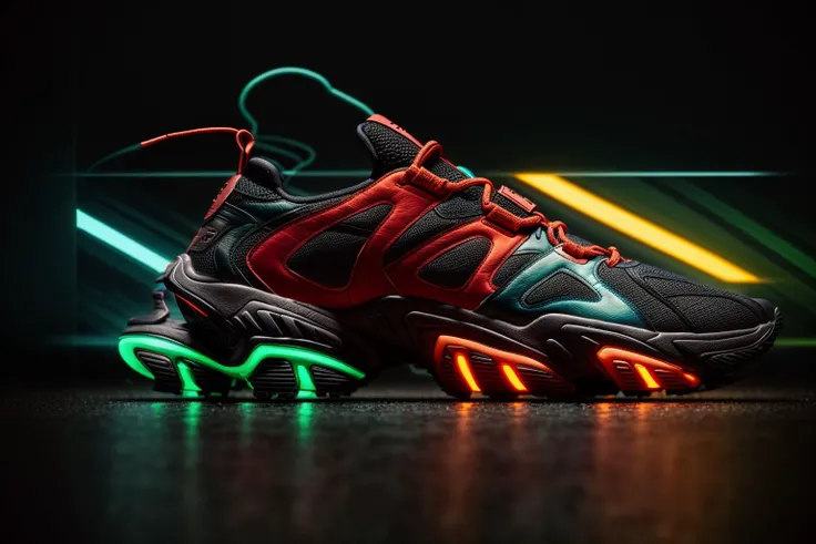 A futuristic men's sneaker hovers elegantly in mid-air amidst a neon-lit urban cityscape. The shoe is an abstract geometric form with vibrant colors of neon green,orange,and red,and it emits a dynamic and awe-inspiring glow. The design showcases a minimalistic yet striking sci-fi style,rendered in high-definition 3D with meticulous attention to detail, <lora:add_detail:0.4> <lora:more_details:0.4> <lora:AntimatterTech:0.8> <lora:Neonpunkai-8:0.4>