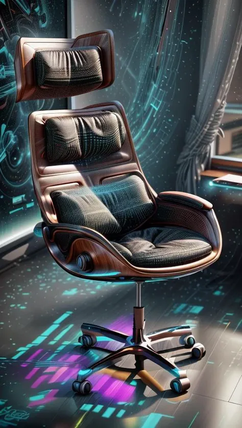 A futuristic ergonomic chair designed for maximum comfort and support in a modern, minimalist office space. The chair is surrounded by sleek and high-tech gadgets, basking in soft, ambient lighting that highlights its curves. The artwork will feature a minimalist style with a touch of high-tech aesthetics, presented through digital rendering in high definition (4K) using 3D modeling with cycles rendering. <lora:add_detail:0.4> <lora:more_details:0.4> <lora:AntimatterTech:0.8> <lora:Neonpunkai-8:0.6>