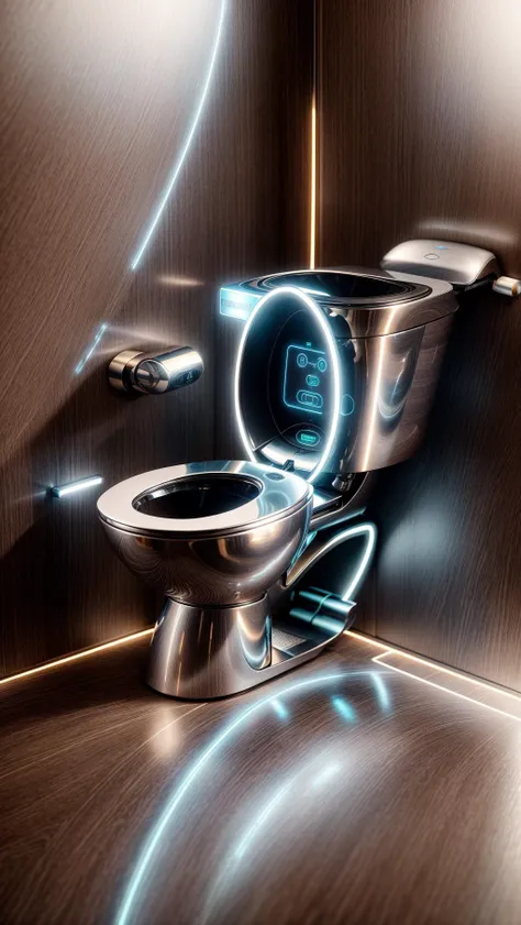 A futuristic toilet sits gracefully in the middle of a high-tech restroom in the city of the future. The toilet is designed with sleek and minimalistic aesthetics, made of stainless steel and glass, emanating a soft neon glow. As people approach it, the toilet activates its self-cleaning and auto-sanitizing mechanisms, creating an efficient and convenient experience. The touch-sensitive interface adds a modern touch to the whole setup. The digital rendering emphasizes every intricate detail, resulting in a high-definition 4K image that showcases the toilet's futuristic allure. <lora:more_details:0.4> <lora:add_detail:0.4> <lora:AntimatterTech:0.4> <lora:Neonpunkai-8:0.6>