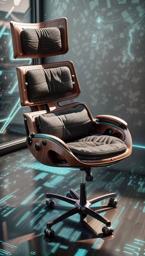 A futuristic ergonomic chair designed for maximum comfort and support in a modern, minimalist office space. The chair is surrounded by sleek and high-tech gadgets, basking in soft, ambient lighting that highlights its curves. The artwork will feature a minimalist style with a touch of high-tech aesthetics, presented through digital rendering in high definition (4K) using 3D modeling with cycles rendering. <lora:add_detail:0.4> <lora:more_details:0.4> <lora:AntimatterTech:0.8> <lora:Neonpunkai-8:0.6>