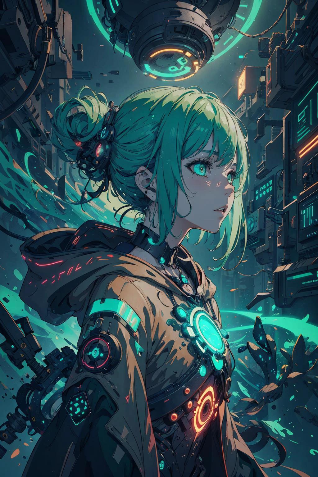 masterpiece, best quality, rich colors, vivid colors, <lora:detail_slider_v4:0.8>,
1 girl, adult woman, jade eyes, medium brown updo hairstyle, ombre,
solo, from front, front view, upper body, looking up, detailed background, detailed face, (<lora:Neonpunkai-8:0.4>, Neonpunkai, neon theme:1.1), techno-occultist, green tattered wizard clothes, sci-fi cursed necklace, hood, ( green color scheme:1.1), cyberpunk, floating magical particles, floating skulls, , soul drain, eerie ethereal atmosphere,