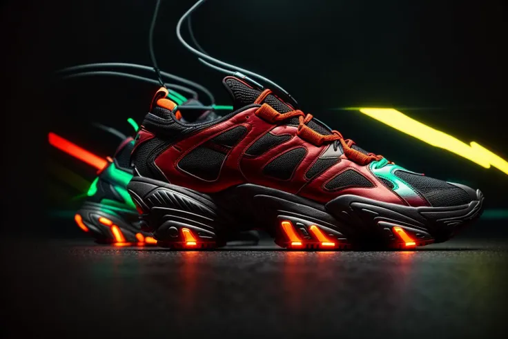 A futuristic men's sneaker hovers elegantly in mid-air amidst a neon-lit urban cityscape. The shoe is an abstract geometric form with vibrant colors of neon green,orange,and red,and it emits a dynamic and awe-inspiring glow. The design showcases a minimalistic yet striking sci-fi style,rendered in high-definition 3D with meticulous attention to detail, <lora:add_detail:0.4> <lora:more_details:0.4> <lora:AntimatterTech:0.8> <lora:Neonpunkai-8:0.4>