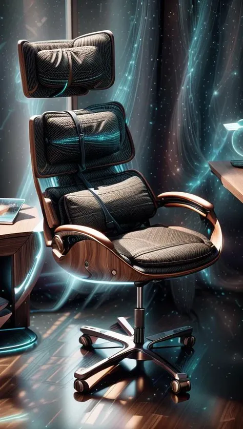 A futuristic ergonomic chair designed for maximum comfort and support in a modern, minimalist office space. The chair is surrounded by sleek and high-tech gadgets, basking in soft, ambient lighting that highlights its curves. The artwork will feature a minimalist style with a touch of high-tech aesthetics, presented through digital rendering in high definition (4K) using 3D modeling with cycles rendering. <lora:add_detail:0.4> <lora:more_details:0.4> <lora:AntimatterTech:0.8> <lora:Neonpunkai-8:0.6>