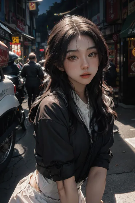 <lora:AI_Shirlizleee:1>, office uniform, amazing lighting,  cinematic lighting, (busy Korean Street),
((SFW)), (best quality, masterpiece:1.4), absurdres, ultra-detailed CG, 8k, high detailed, beautiful face, detailed face, 1girl, solo ,braid, toned, shiny skin, head tilt, standing still, bloom, light particles, depth of field,