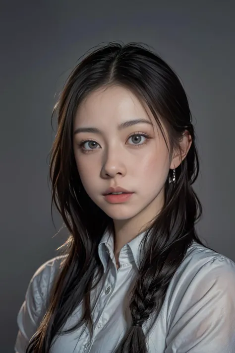 <lora:AI_Shirlizleee:1>, office uniform, amazing lighting, cinematic lighting,
((SFW)), (best quality, masterpiece:1.4), absurdres, ultra-detailed CG, 8k, high detailed, beautiful face, detailed face, 1girl, solo ,braid, toned, shiny skin, head tilt, standing still, ((grey background)), bloom, light particles, depth of field,