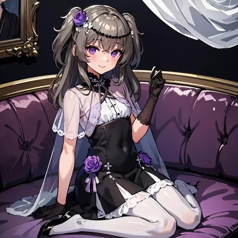 <lora:himariV012:0.8>
1girl, solo,masterpiece, top quality, best quality, official art, beautiful and aesthetic,
himari,small tits,
two side up hair,long hair,grey hair,bangs,brown hair,
one purple flower ornament, white flowers ornament, Black bead hair ornament,purple String decoration,
white pantyhose, black dress,frill,black high-heeled shoes,short sleeves,see-through shawl,black gloves,
smile,fullbody,in her room, sit on the sofa,