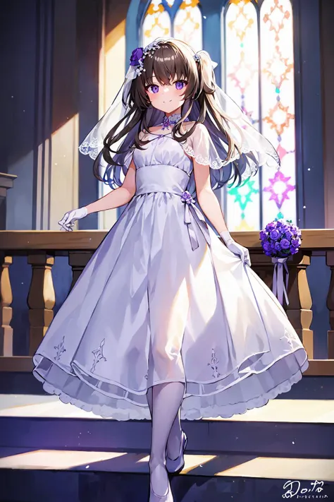 <lora:himariV012:0.7>
1girl, solo,masterpiece, top quality, best quality, official art, beautiful and aesthetic,
himari,small tits,
two side up hair,long hair,grey hair,bangs,brown hair,
one purple flower ornament, white flowers ornament, Black bead hair ornament,purple String decoration,
white pantyhose, Wedding Dress, long skirt,frill, white high-heeled shoes,short sleeves,see-through shawl, white gloves,See-through wedding veil,
smile,fullbody,in Church,floating hair,