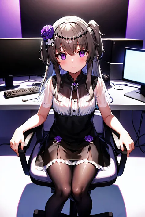 <lora:himariV012:0.8>
1girl, solo,
himari,small tits,
two side up hair,long hair,grey hair,bangs,brown hair,
one purple flower ornament, white flowers ornament, Black bead hair ornament,purple String decoration,
((white pantyhose)), black dress,frill,black high-heeled shoes,short sleeves,see-through shawl,black gloves,
in her room,streaming now ,desk, PC,(((sitting on a gaming chair))), smile,PC monitor,Microphone,