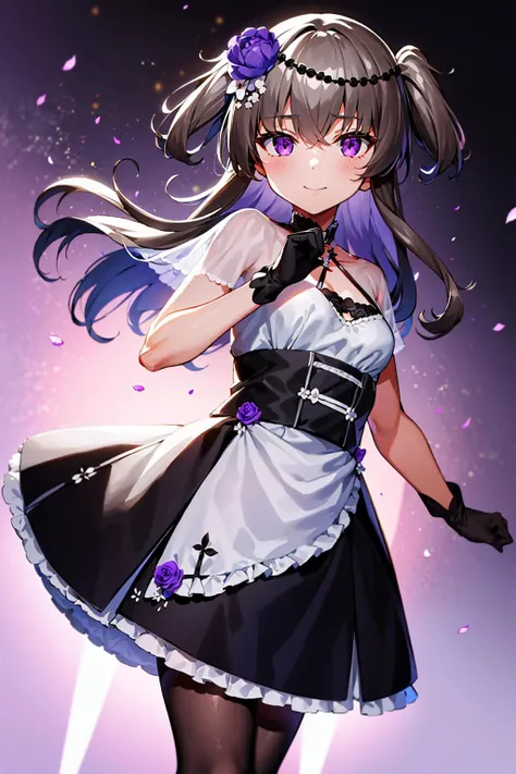 <lora:himariV012:0.8>
1girl, solo,
himari,small tits,smile,blush,jitome,
two side up hair,long hair,grey hair,bangs,brown hair,
one purple flower ornament, white flowers ornament, Black bead hair ornament,
white pantyhose, black dress,frill,black high-heeled shoes,
purple eyes,
see-through shawl, short sleeves,black gloves,
