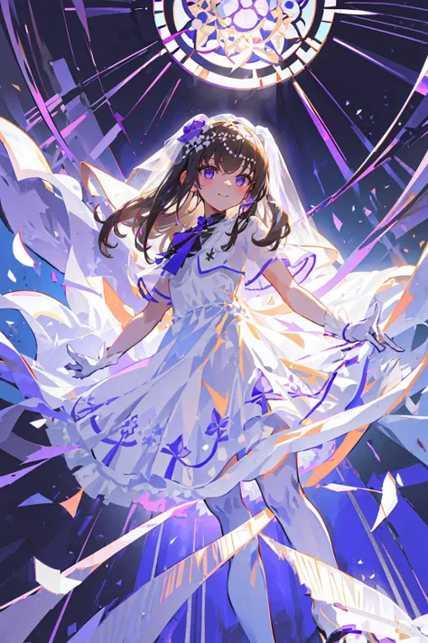<lora:himariV012:0.7>
1girl, solo,masterpiece, top quality, best quality, official art, beautiful and aesthetic,
himari,small tits,
two side up hair,long hair,grey hair,bangs,brown hair,
one purple flower ornament, white flowers ornament, Black bead hair ornament,purple String decoration,
white pantyhose, Wedding Dress, long skirt,frill, white high-heeled shoes,short sleeves,see-through shawl, white gloves,See-through wedding veil,
smile,fullbody,in Church,floating hair,