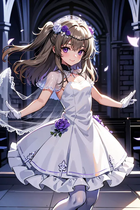 <lora:himariV012:0.7>
1girl, solo,masterpiece, top quality, best quality, official art, beautiful and aesthetic,
himari,small tits,
two side up hair,long hair,grey hair,bangs,brown hair,
one purple flower ornament, white flowers ornament, Black bead hair ornament,purple String decoration,
white pantyhose, Wedding Dress, long skirt,frill, white high-heeled shoes,short sleeves,see-through shawl, white gloves,See-through wedding veil,
smile,fullbody,in Church,floating hair,
