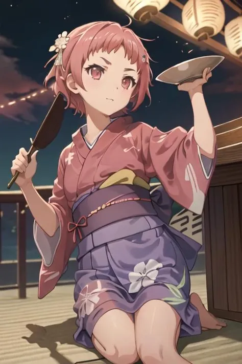 best quality, masterpiece, highres, solo, {yukata:1.40}, {kimono:1.20}, {nopht_sukasuka:1.15}, short_hair, pink_hair, red_hair, red_eyes