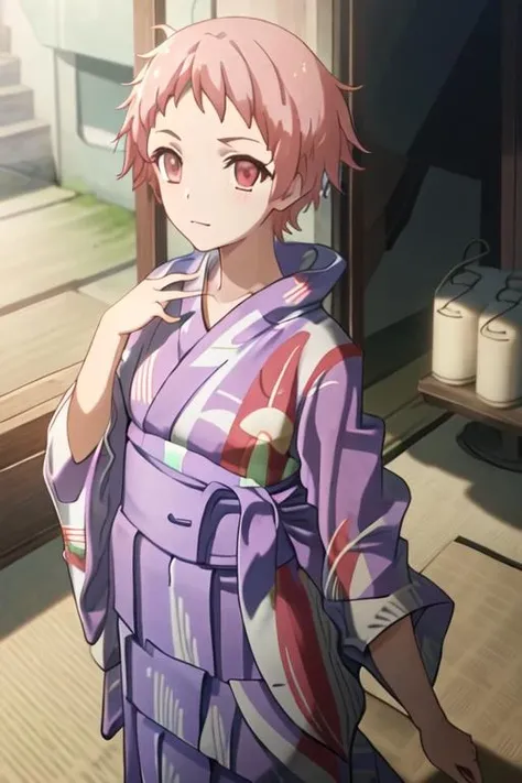 best quality, masterpiece, highres, solo, {yukata:1.40}, {kimono:1.20}, {nopht_sukasuka:1.15}, short_hair, pink_hair, red_hair, red_eyes