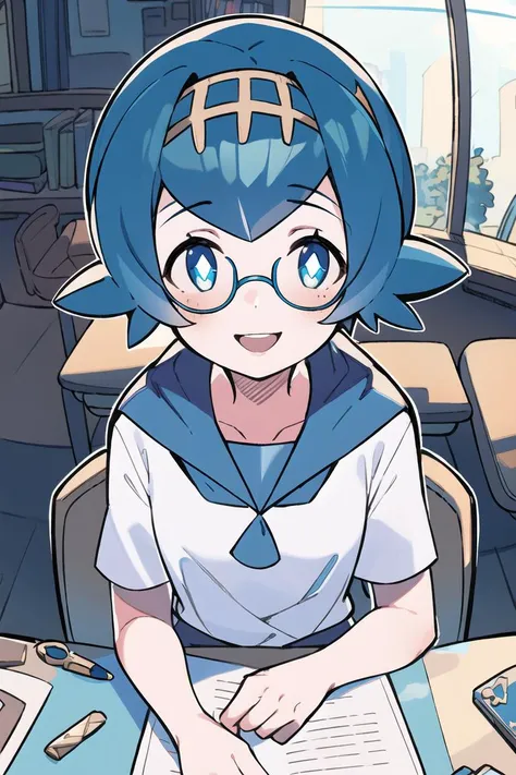 (masterpiece:1.3), (best quality:1.2), (illustration:1.2), (ultra detailed:1.2), 1girl, solo, small breasts, short hair, blue hair, blue eyes, <lora:pokemonLana_v10:0.9>, lana \(pokemon\), <lora:thickerLinesAnimeStyle_loraVersion:1>, library, sitting, glasses, (school uniform:1.2), happy, smile, looking at viewer, (pov across table:1.2), short sleeves, white shirt, diamond hairband,