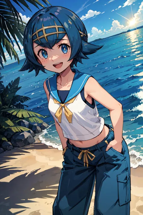 masterpiece, best quality, pkmnLana, white pupils, headband, blue sailor collar, sleeveless white shirt, swimsuit under clothes, blue pants, cowboy shot, smile, beach, blue sky, clouds, looking at viewer, waving, grin, naked, breasts, topless, bottomless, laying on chest, laying on towel, small ass, sand