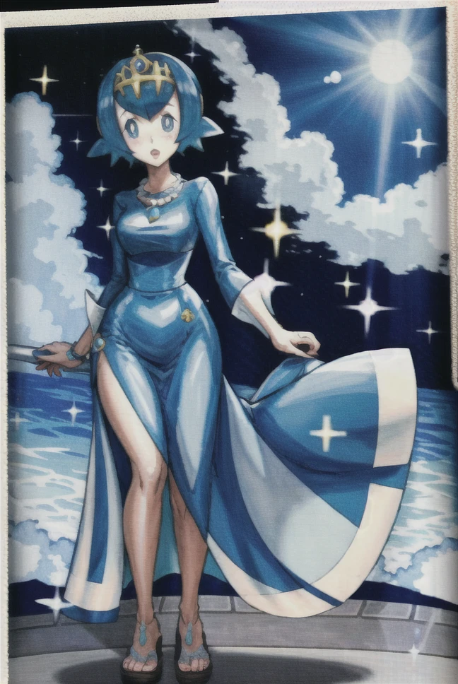 fullbody, 1girl, Illustration, style-princess:1.5
BREAK
Pokemon \(game\), Sugimori Ken \(style\), Nishimura Kinu, borvar.
BREAK
Fishbowl Helmet:0.25|Lana \(Pokemon\), blue hair, shorthair, tiara, Blue eyes, white pupils, , necklace, (blue, white)|princess dress, blue ribbon, (blue, teal)|jewelry.
BREAK
hair accessory, beautiful feet, toes, blue toenail polish, sandals|high heels:0.88.
BREAK
Castle:0.5, ocean, Daylight.