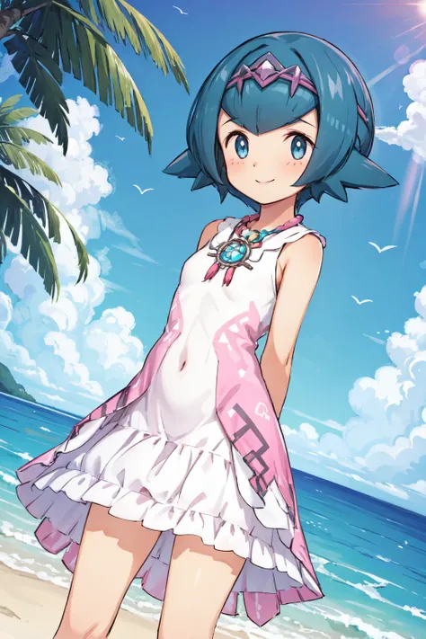 masterpiece,best quality,1girl,Lana,pink dress,gem hairband,pink headband,dreamcatcher,bracelet,anklet,smile,arms behind back,tropical,beach,ocean,sunlight,cowboy shot,(dutch angle),<lora:Lana:0.7>,<lora:Concept-control tool-add_detail-CyberAIchemist:0.3>,