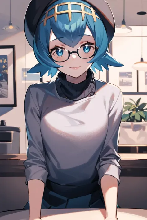 (masterpiece:1.3), (best quality:1.2), (illustration:1.2), (ultra detailed:1.2), 1girl, solo, smile, looking at viewer, small breasts, <lora:pokemonLana_v10:0.9>, lana \(pokemon\), short hair, blue hair, upper body, cafe, (pleated skirt:1.2), black beret, black glasses, sitting, pov, turtleneck sweater, white sweater,