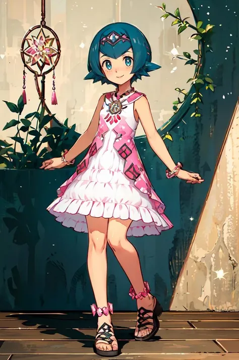 ultra detailed, masterpiece, best quality, smile, <lora:Lana:0.75> Lana, pink dress, gem hairband, pink headband, dreamcatcher, bracelet, anklet, sandals,