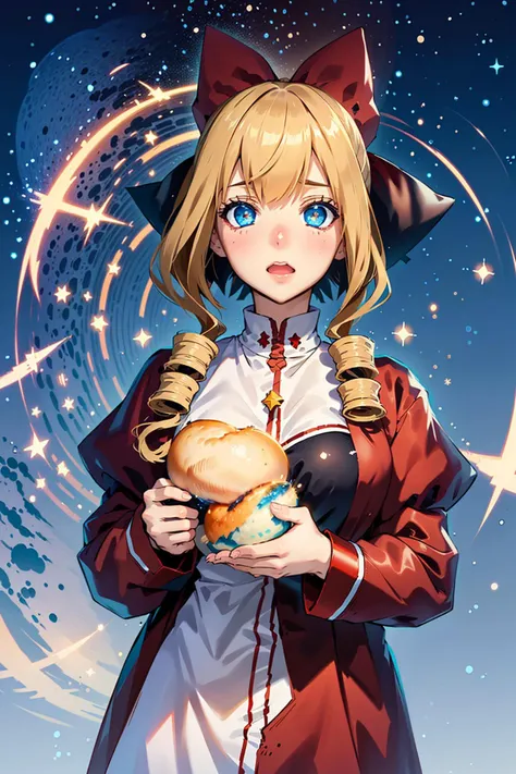 (masterpiece), best quality, expressive eyes, perfect face, 1girl, hair bow, red bow, drill hair, blonde hair, blue eyes, solo, blunt bangs, bow, twin drills, (Celestial Sky with Shimmering Stars background:1.2), (pajamas:1.2), (Mimicking eating a giant sandwich :1), <lora:Victoria-006-000010:0.7>, (surprised face)