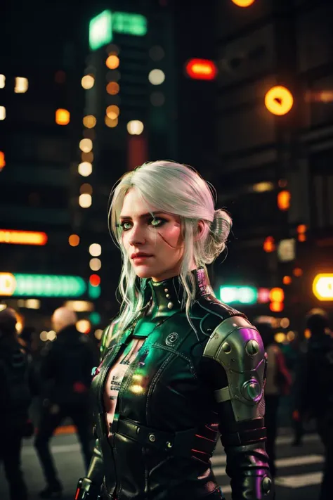 ciriw3_soul3142, 1girl, white hair, scar, green eyes, scar on face,cyberpunk city,  <lora:ciri-18V2:0.6>,standing,bokeh