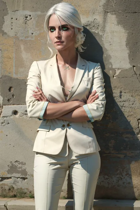 ciriW3_soul3142, 1girl, green eyes, white hair, (scar across eye), black suit, pants, crossed arms, standing, masterpiece, best quality, intricate details, <lora:ciriW3-08b:0.65>, <lora:detail_slider_v4:0.7>