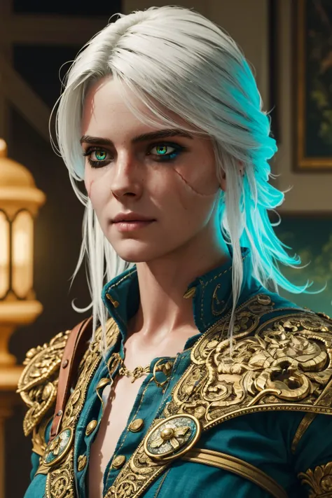 ciriW3_soul3142, 1girl, green eyes, white hair, scar across eye, magic, fantasy, glow, mystical, masterpiece, best quality, intricate details, <lora:ciriW3-08b:0.6>, <lora:detail_slider_v4:0.7>