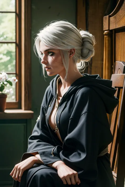 ciriW3_soul3142, 1girl, green eyes, white hair, scar across eye, hair bun, hooded robe, sitting, gothic, fantasy, dark, looking to the side, masterpiece, best quality, intricate details, <lora:ciriW3-08b:0.6>, <lora:detail_slider_v4:0.7>