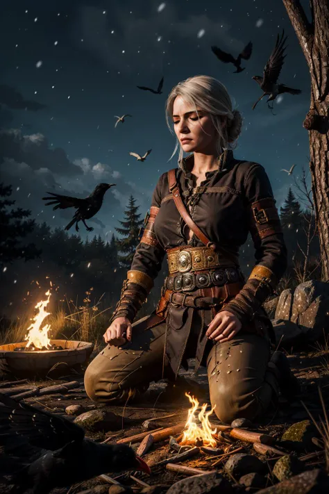 (masterpiece, best quality:1.2), <lora:ciri-18V2:0.61>, CIRIW3_SOUL3142,  woman, scar, small breasts, closed eyes, white hair, outdoors,  tree, kneeling, meditating, bird, animal,  crow, fire, embers, night, RAW photo, subject, (high detailed skin:1.2), 8k uhd, dslr, soft lighting, high quality, film grain, Fujifilm XT3