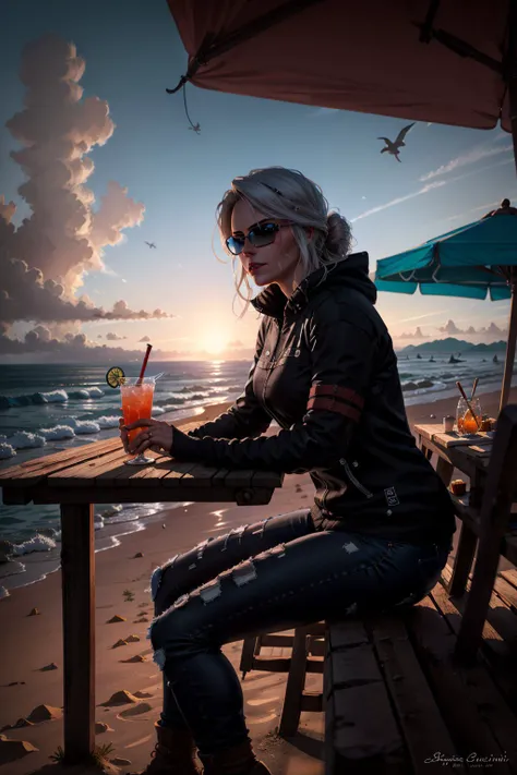 (masterpiece, best quality:1.2), <lora:ciri-18V2:0.7>,ciriW3_soul3142, sunglasses, black sweatshirt, jeans, sitting, table, (holding cocktail), beach, seascape, clouds