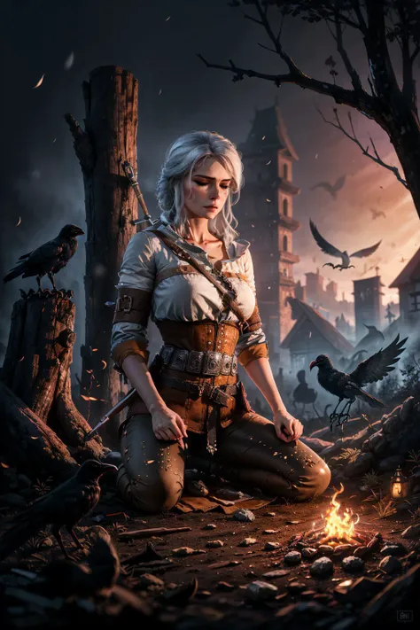 (masterpiece, best quality:1.2), <lora:ciri-18V2:0.7>, ciriW3_soul3142, 1girl, breasts, shirt, medium breasts, closed eyes, weapon, white hair, outdoors, belt, pants, tree, kneeling, meditating, bird, animal, scar, brown pants, crow, fire, embers, night