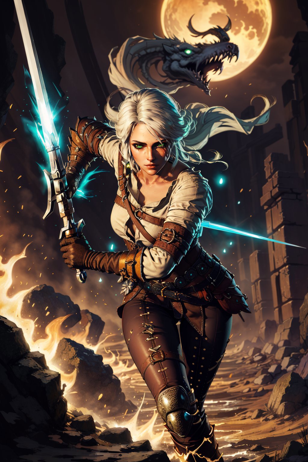 A woman with white hair and a sword in front of a full moon - SeaArt AI