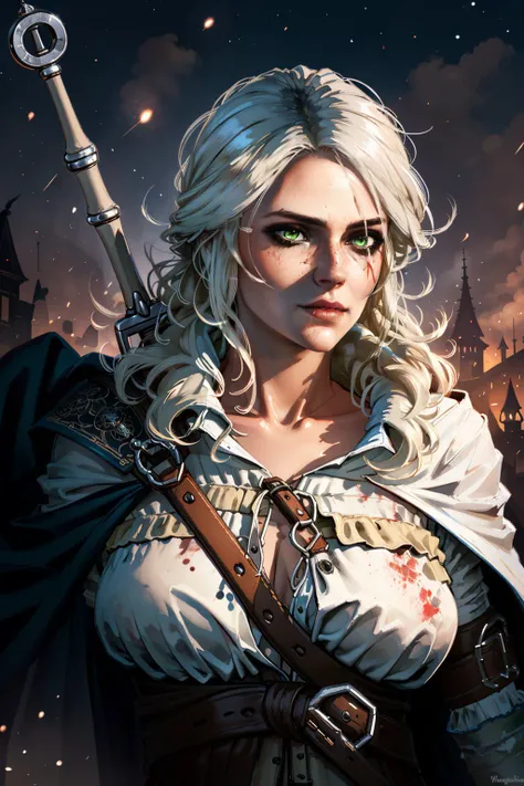 (masterpiece, best quality:1.2), <lora:ciri-18V2:0.7>, ciriW3_soul3142, green eyes, breasts, white hair, sky, cape, white shirt, blood, night, holding sword,