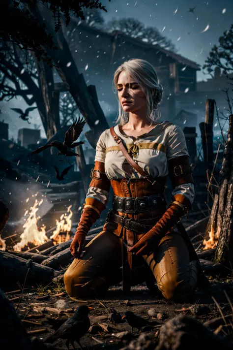 (masterpiece, best quality:1.2), <lora:ciri-18V2:0.71>, CIRIW3_SOUL3142, woman, scar, small breasts, closed eyes, white hair, outdoors, tree, kneeling, meditating, bird, animal, crow, fire, embers, night, RAW photo, subject, (high detailed skin:1.2), 8k uhd, dslr, soft lighting, high quality, film grain, Fujifilm XT3