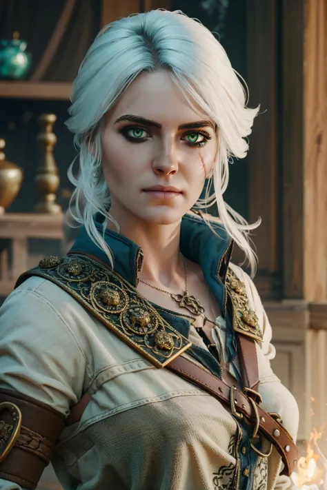 ciriW3_soul3142, 1girl, green eyes, white hair, scar across eye, wizard, alchemy, magic, masterpiece, best quality,  intricate details, <lora:ciriW3-08b:0.6>, <lora:detail_slider_v4:0.7>