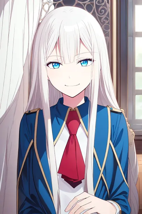 (exceptional, best aesthetic, new, newest, best quality, masterpiece, extremely detailed), <lora:Elena:0.65>,Elena, 1girl, blue eyes, solo, long hair, looking at viewer, smile, white hair, bangs, own hands together, window, uniform upper body, smug expresssion,