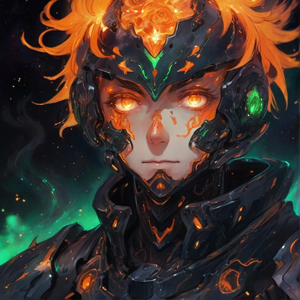 detailed portrait, close up of face, close up of upper body!!!!, anime boy in black orange green cyber armor, techno boy, detailed portrait , stars, galaxy, and roses, flames, chains crosses, and graveyard tombstones ,anime boy with a rope around his neck, screaming, burning fire and chains, detailed portrait, melting water on his clothes, dripping colors, in the galaxy, flowers, detailed portrait, close up of upper body!, growing from the ground, as the brightest flower, detailed portrait, in the galaxy
