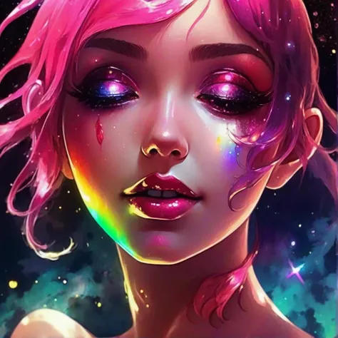 sexy girl in pink underwear and flirty, red lipstick, black bra, rainbow glowing hair, anime girl with moss And mold around her, detailed portrait, close up, space background behind her, dripping liquid metal leaf's around her, roses flourishing around her, close up of face, beautiful sparklin makeup, glowing eyes