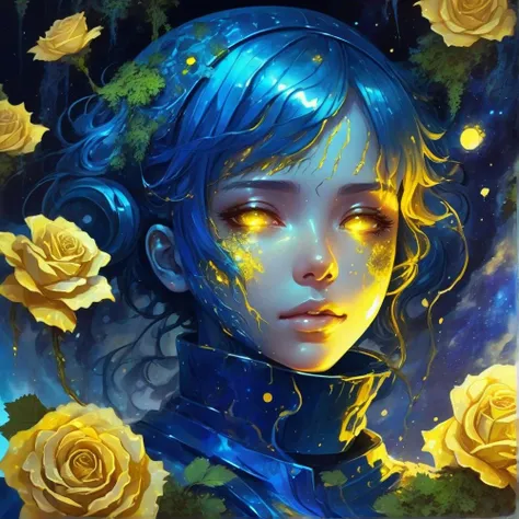 glowing blue yellow, anime girl with moss And mold around her, detailed portrait, close up, space background behind her, dripping liquid metal leaf's around her, roses flourishing around her, close up of face