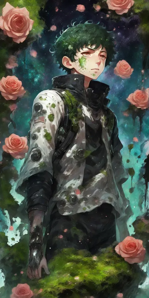 anime boy with moss And mold around him, full body portrait, close up, space background behind him, dripping liquid metal leaf's around him, roses flourishing around him, close up of face