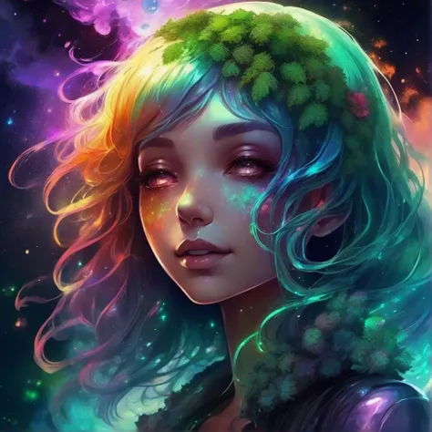 rainbow glowing hair, anime girl with moss And mold around her, detailed portrait, close up, space background behind her, dripping liquid metal leaf's around her, roses flourishing around her, close up of face, marijuana smoke around her