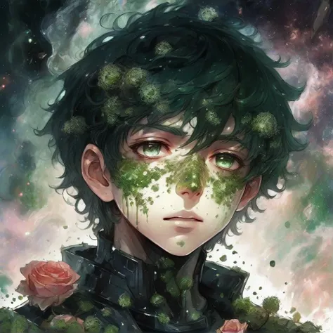 anime boy with moss And mold around him, detailed portrait, close up, space background behind him, dripping liquid metal leaf's around him, roses flourishing around him, close up of face