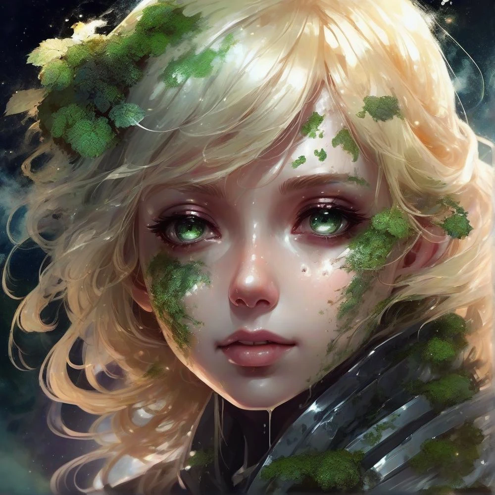 blonde hair, anime girl with moss And mold around her, detailed portrait, close up, space background behind her, dripping liquid metal leaf's around her, roses flourishing around her, close up of face