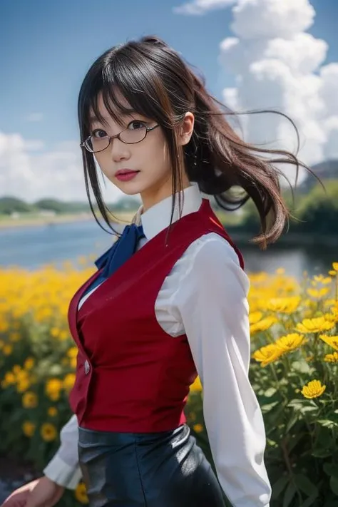 ultra-detailed,highly detailed,best quality,masterpiece,illustration,upper body, looking at viewer,
1girl, solo, mizuho kazami,uniform,collared shirt, vest, pencil skirt,
outdoors, nature, wind,flower field, river,cloudy sky,
<lora:mizuho kazami_v1_06:0.8>