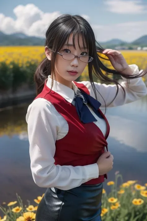 ultra-detailed,highly detailed,best quality,masterpiece,illustration,upper body, looking at viewer,
1girl, solo, mizuho kazami,uniform,collared shirt, vest, pencil skirt,
outdoors, nature, wind,flower field, river,cloudy sky,
<lora:mizuho kazami_v1_06:0.8>