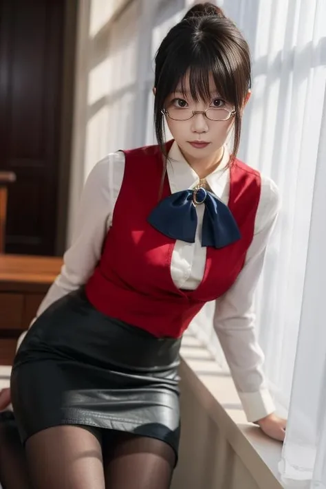 ultra-detailed,highly detailed,best quality,masterpiece,illustration,upper body, looking at viewer,
1girl, solo, mizuho kazami,uniform,
collared shirt,red vest,black pencil skirt,pantyhose, high heels, 
<lora:mizuho kazami_v1_06:0.7>